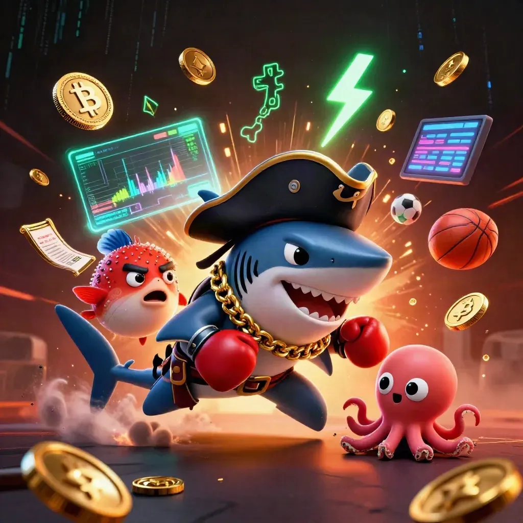 Pirate shark, pufferfish, and baby octopus amid crypto coins and sports gear in a fiery casino splash.