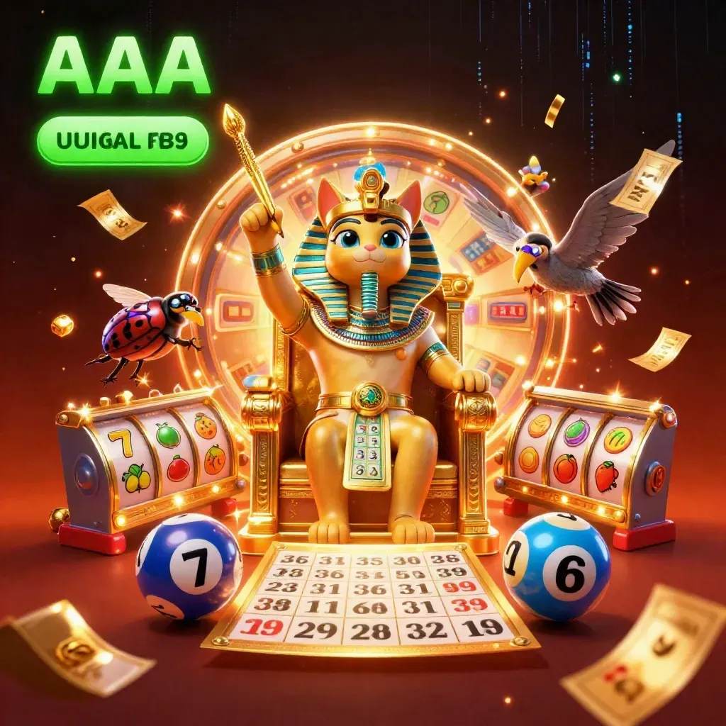 Pharaoh cat jackpot scene with ibis scribe, scarabs, reels, balls, and glowing neon casino effects.