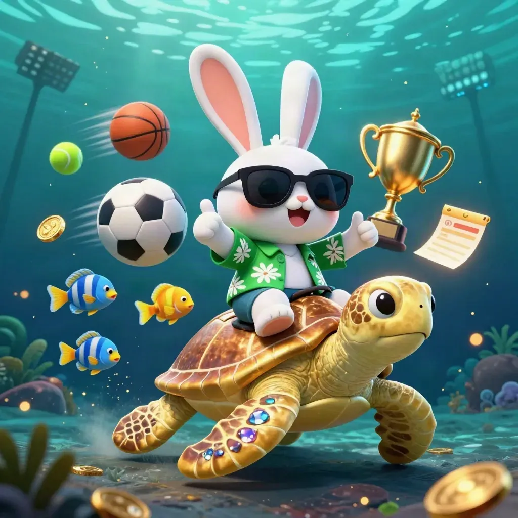 Lucky rabbit on golden turtle amid flying balls, coins, lights and underwater glow.