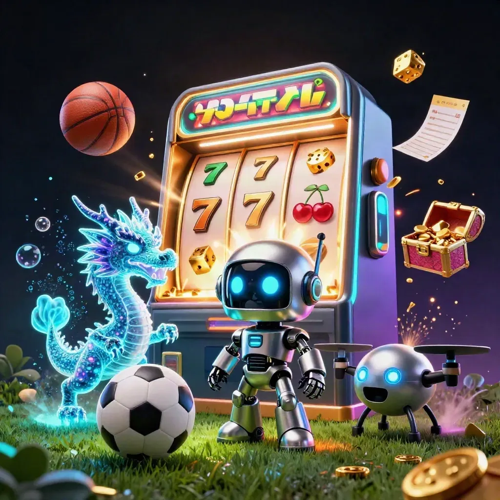 Cyberpunk robot, holo dragon, slot burst, soccer ball and basketball in neon casino action.