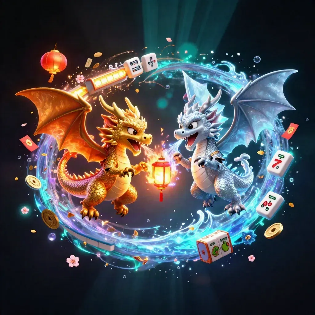 Twin dragons spiral through fire and ice amid casino charms, coins, lanterns, and glowing jackpot energy.
