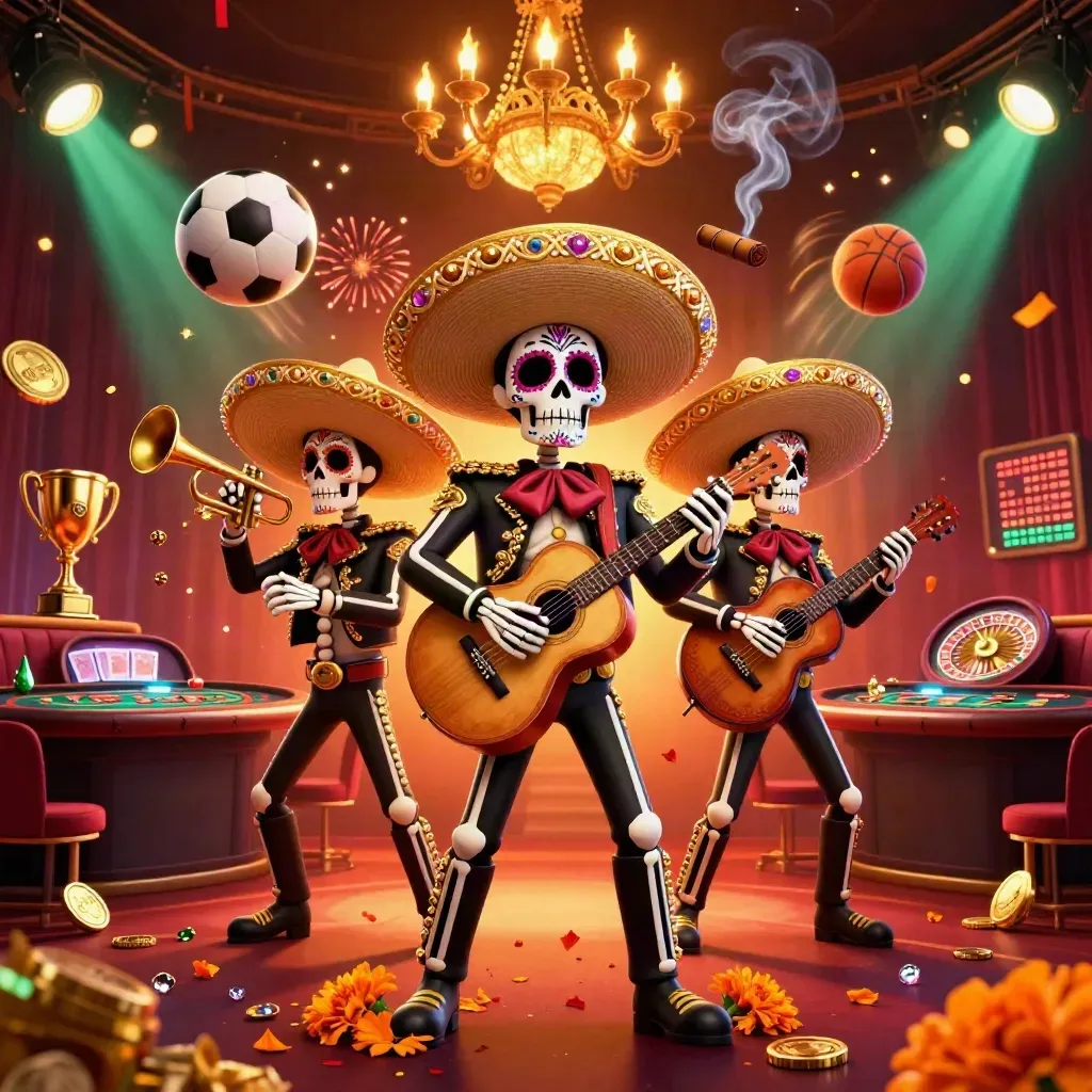 Skeleton mariachi trio amid casino lights, spinning roulette, sports balls, gold, and confetti.