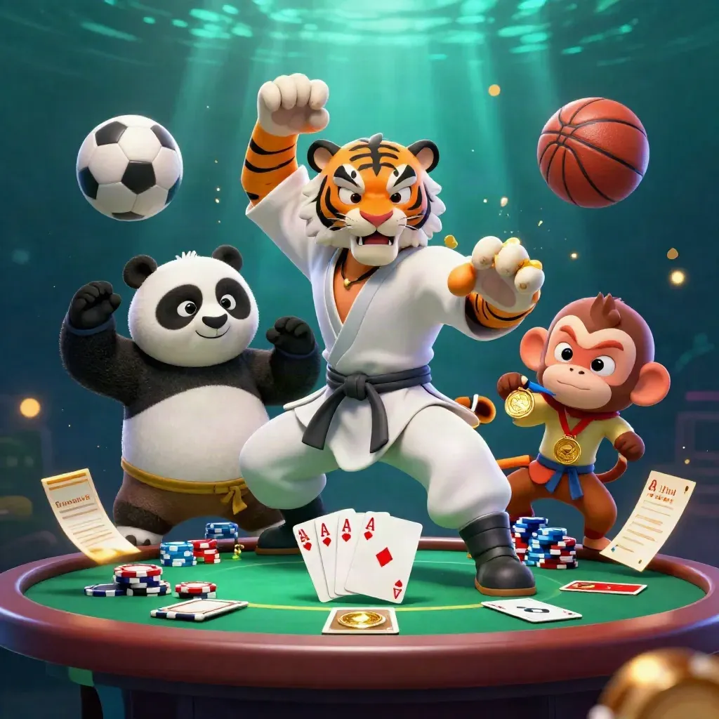 Tiger, panda, and monkey amid casino props, flying balls, and gold sparks in neon underwater light.