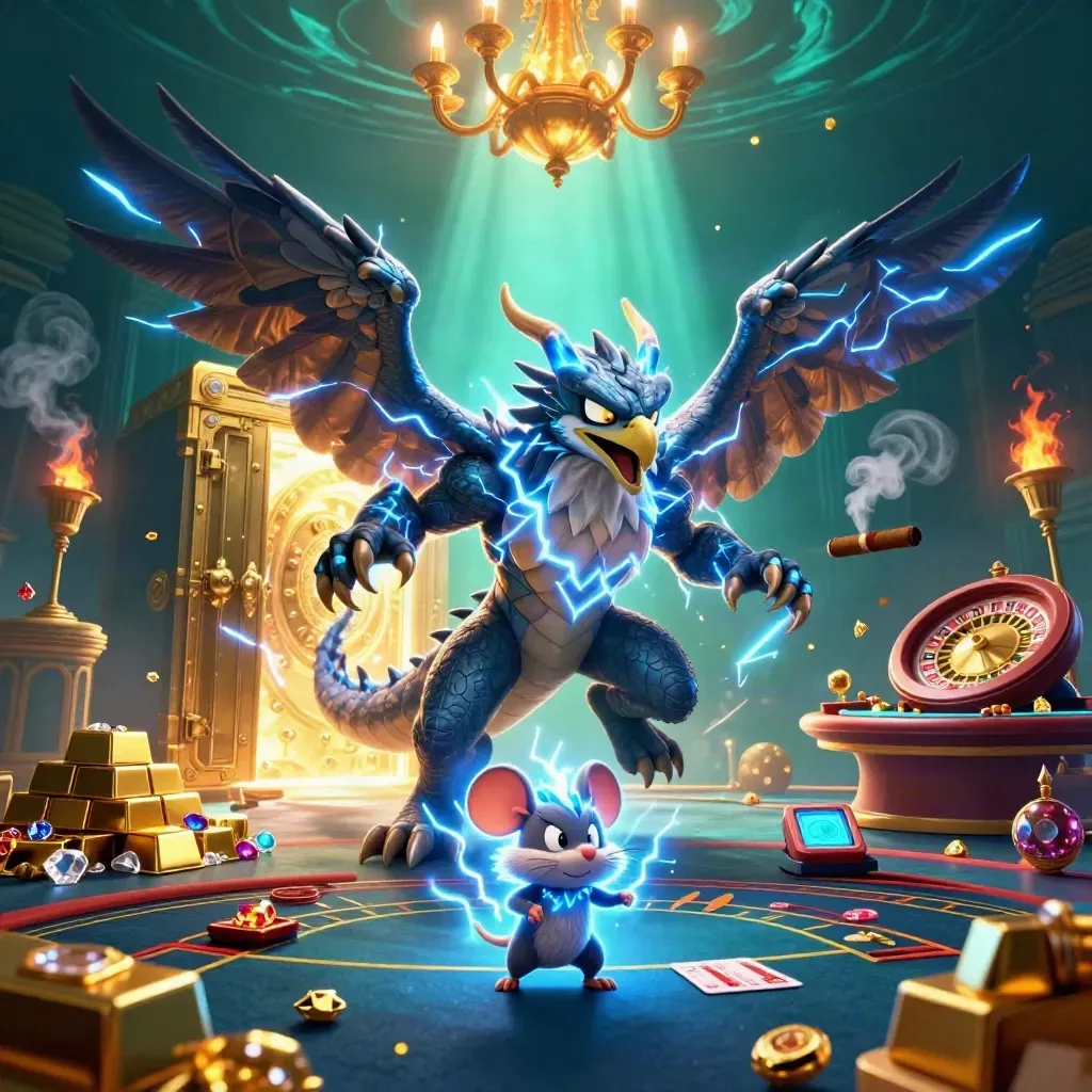 Thunder dragon, wind hawk, and static mouse amid gold, gems, and a vault door in a luxe casino scene