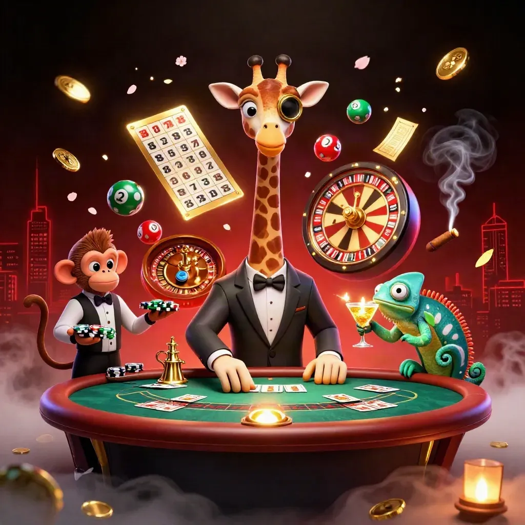Giraffe, monkey, and chameleon in a luxe casino scene with glowing game elements and dark neon flair.