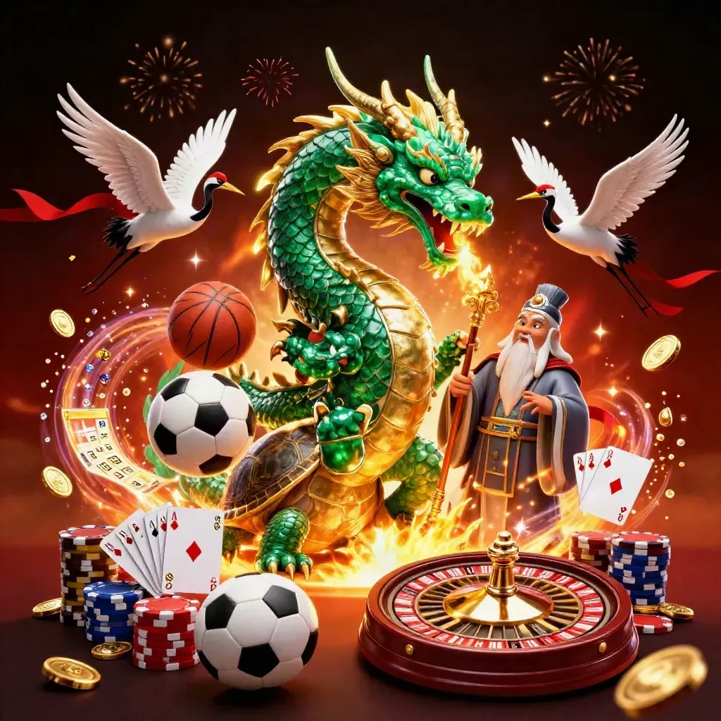 Dragon, turtle sage, and cranes amid jackpot casino sports action and flying coins.