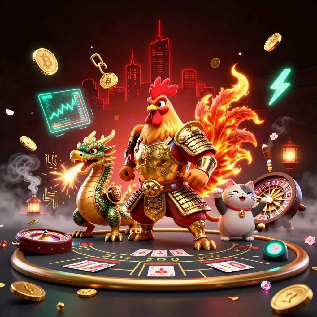 Samurai rooster, spark-breathing hatchling, and cheering fortune-cat in a neon casino room.