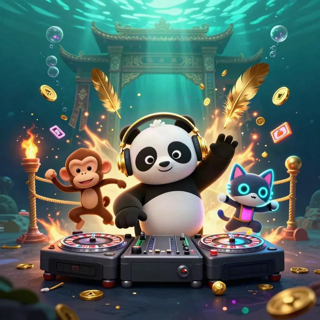 DJ panda, dancing monkey, and glow-stick kitten in a neon underwater jackpot scene.