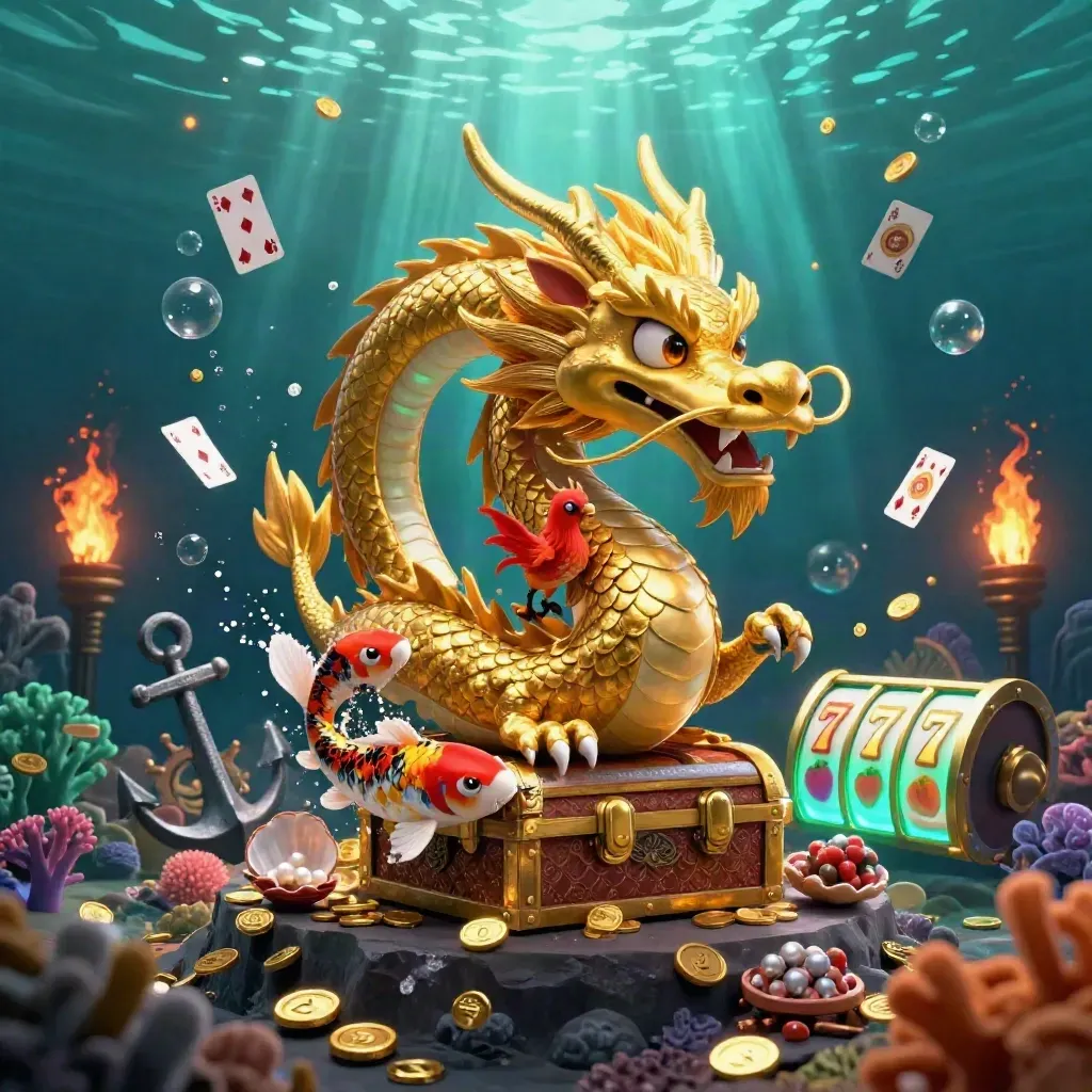 Golden dragon with phoenix and koi in a treasure-filled underwater casino cove