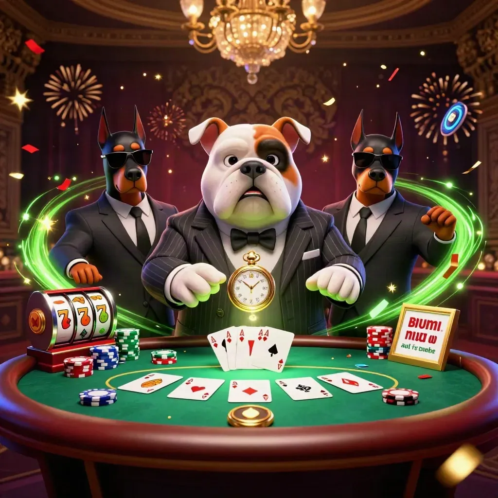 Bulldog mafia boss with two Dobermans over poker chips, cards, and neon casino effects.
