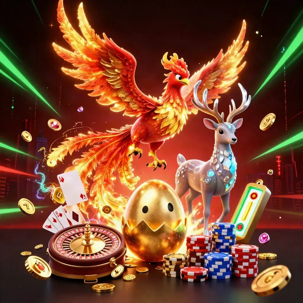 Phoenix, stag, and hatchling burst amid coins, gems, chips, and neon casino light.