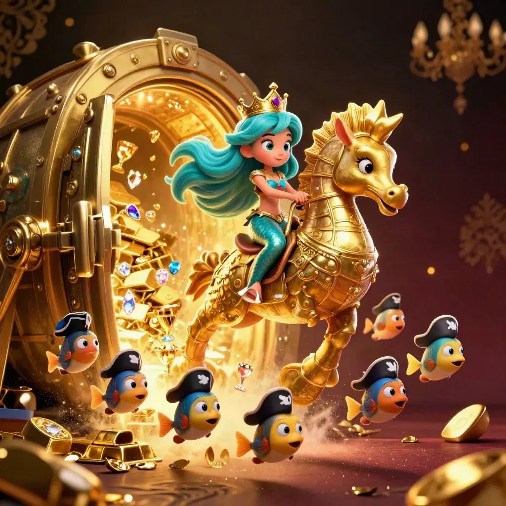 Mermaid princess on a golden seahorse bursts through a treasure vault with fish in pirate hats