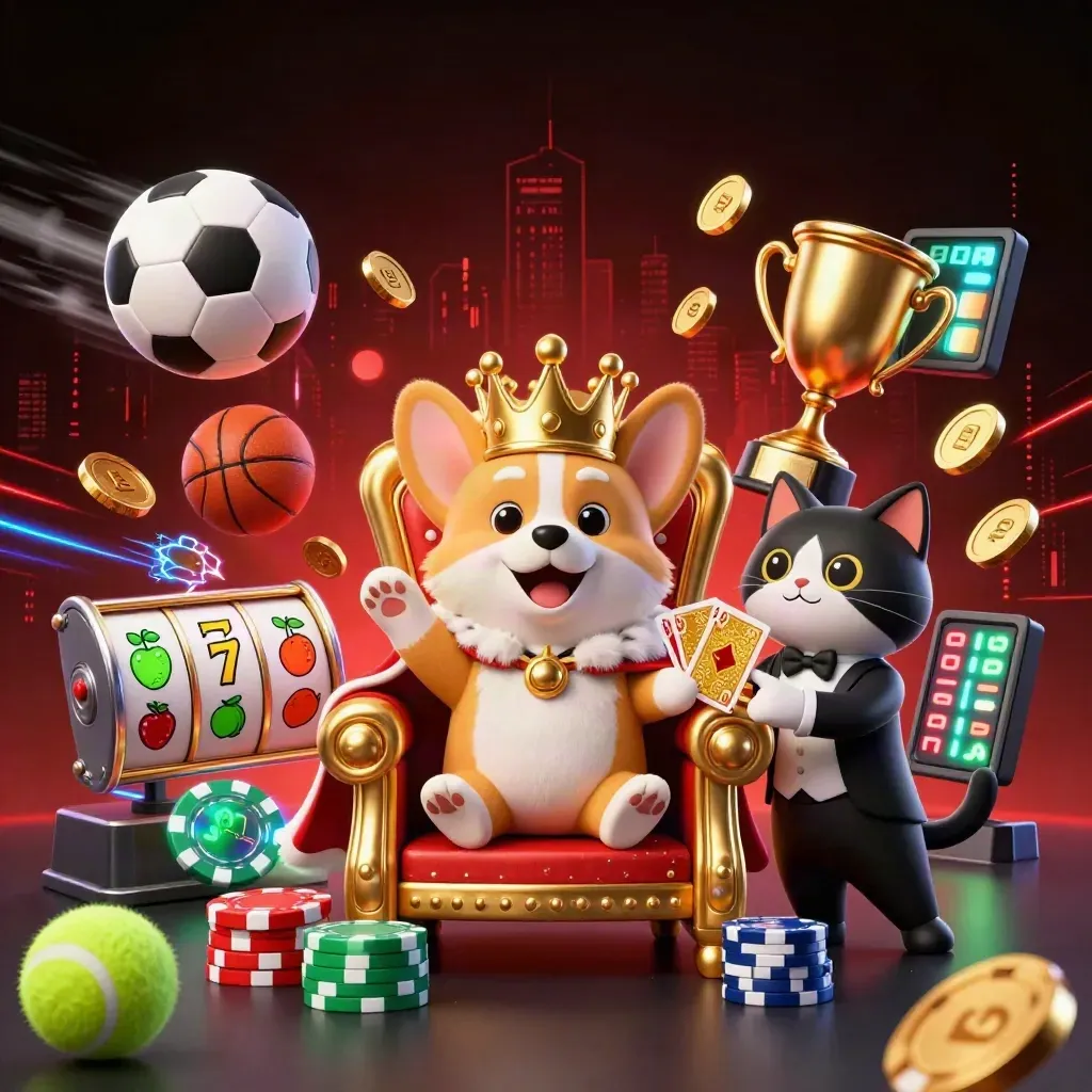 Royal corgi king and cat butler amid jackpots, coins, sports balls, neon casino chaos.