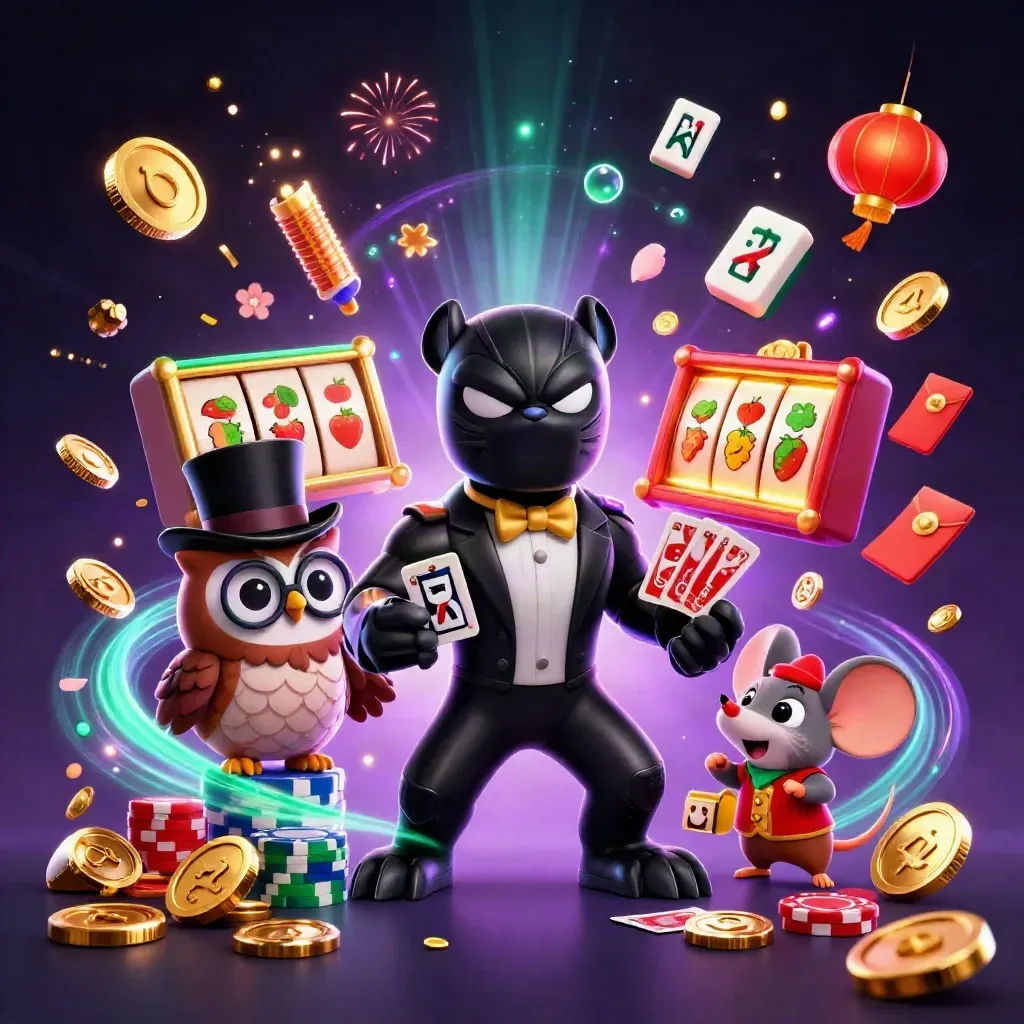 Panther, owl, and mouse amid jackpot coins, lanterns, reels, and fireworks in neon casino glory.