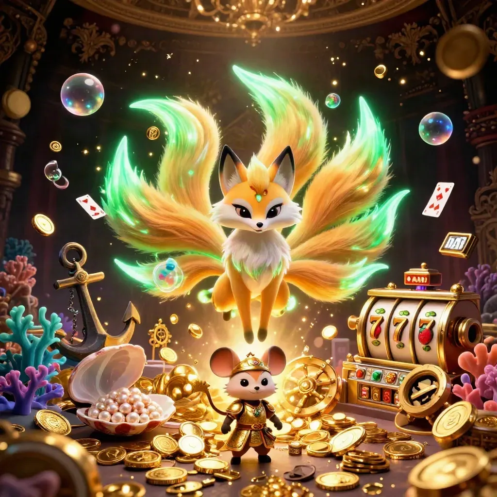 Fox spirit and armored mouse amid gold coins, coral, reels, and casino lights.