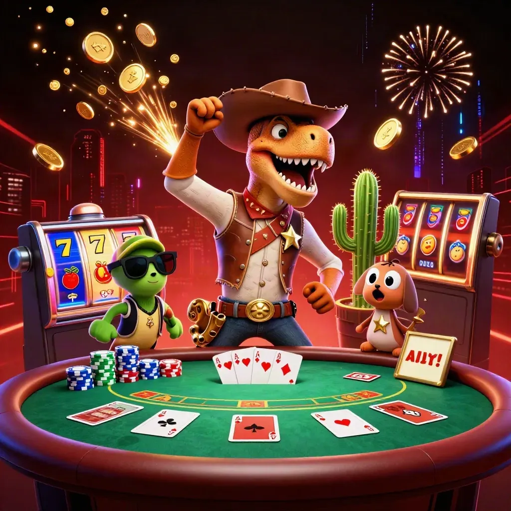 Wildcat casino key art with T-Rex cowboy, cactus buddy, roadrunner, cards, chips, and coin blast