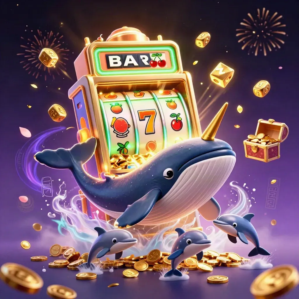 Whale captain, narwhal, and dolphins burst from coins amid slots, jackpots, and fireworks.