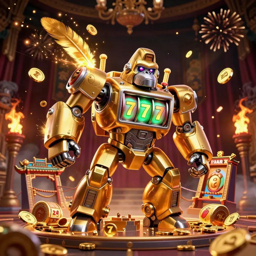 Golden gorilla slot mech with monkey pilot amid coins, temple gate, and fireworks.