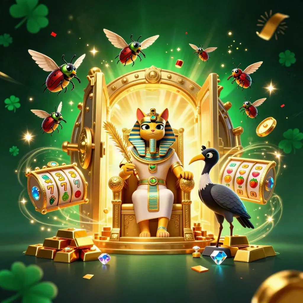 Pharaoh cat on golden throne with ibis scribe, scarabs, vault door, reels, gold, and neon glow