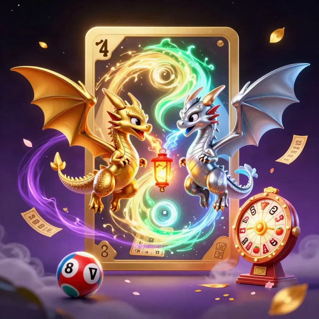 Twin gold and silver dragons swirl with jackpots, reels, and lantern magic on a dark neon casino tile.