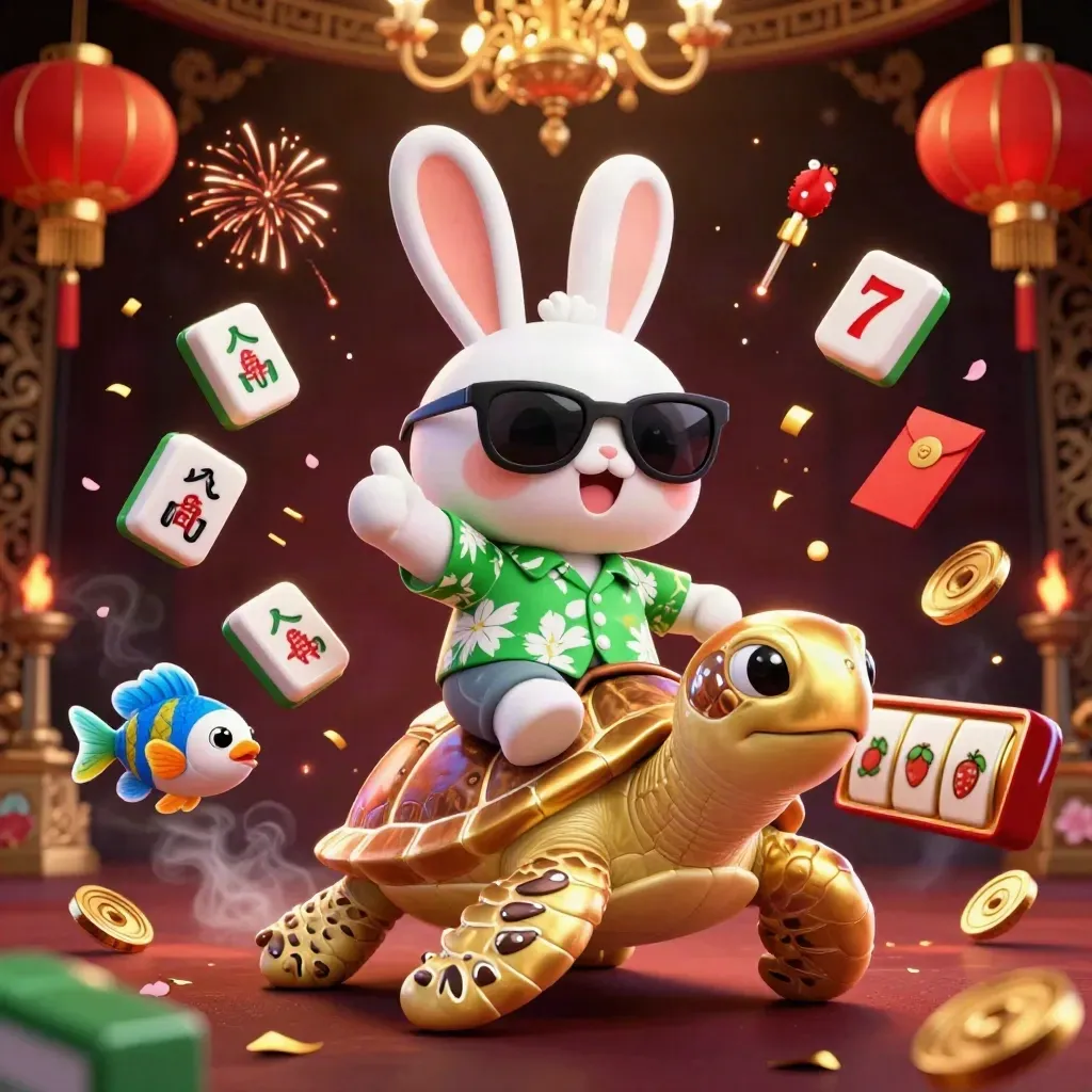Lucky rabbit on a golden sea turtle amid casino symbols and glowing gold sparks