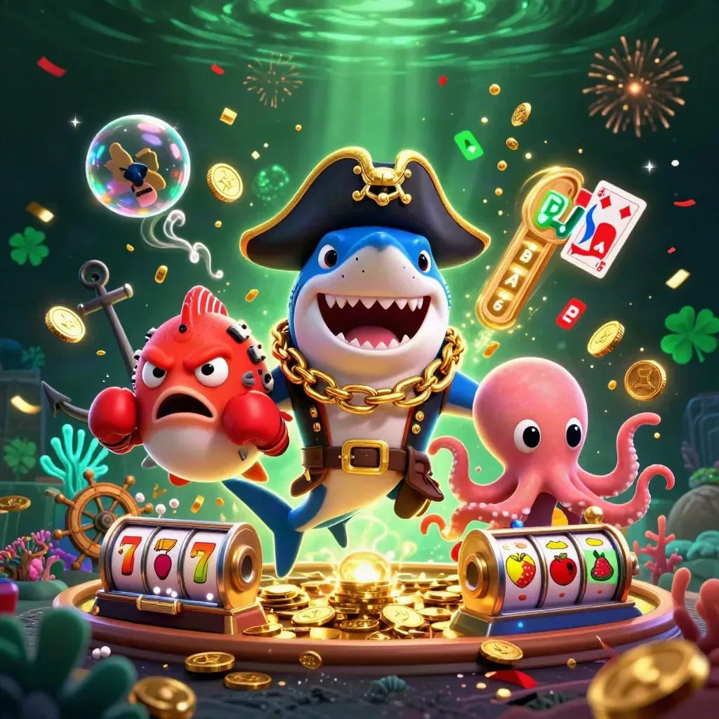 Pirate shark, boxing pufferfish, and coin-juggling octopus in a glowing jackpot underwater casino scene.