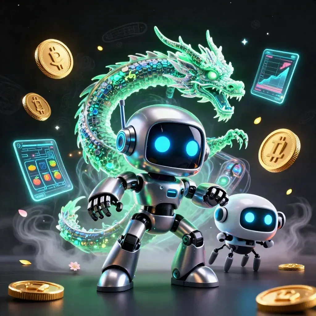Chrome robot, holographic dragon, and coin drone amid slot reels, coins, lightning, and gold leaves.