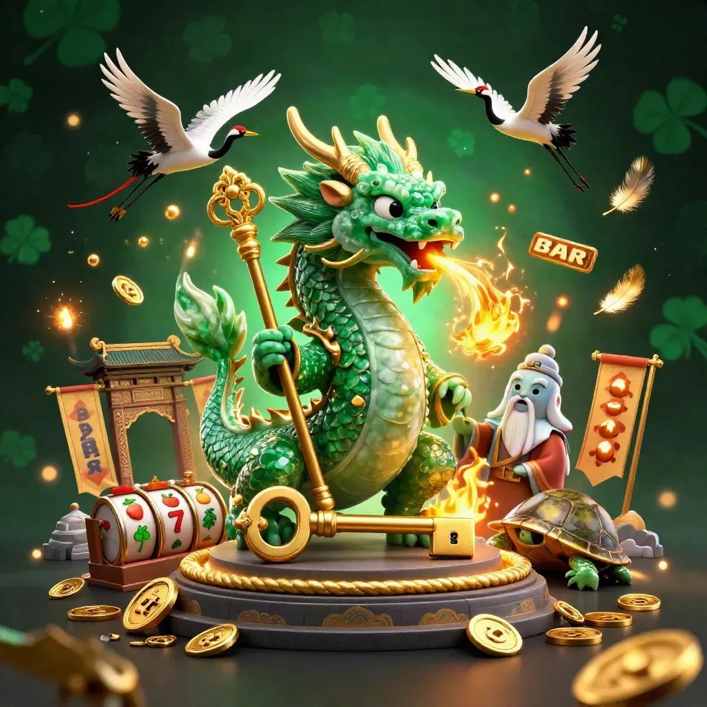 Emerald dragon, turtle sage, and cranes amid golden fire, casino reels, and a temple gate