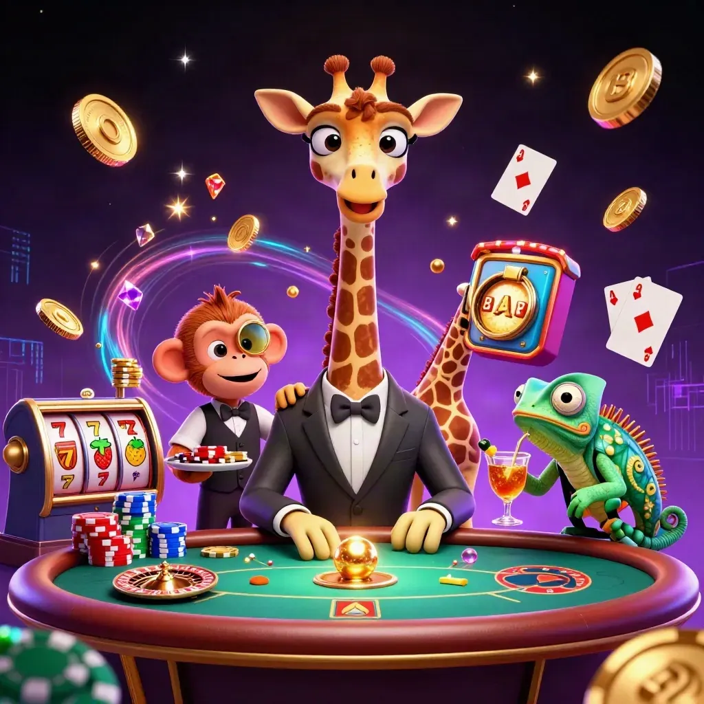 Giraffe, monkey, and chameleon casino heroes amid gold coins, chips, roulette, and neon magic.